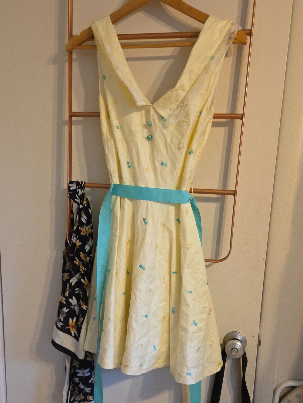 Asos Nishe Light Yellow Butterfly Embroidered Twee Dress with Teal Sash